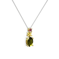 Oval Taşlı X kolye - Peridot ve kök yakut 14 ayar altın kolye (40 cm beyaz altın rolo zincir) #16yzqn1