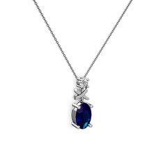Oval Taşlı X kolye - Lab safir ve pırlanta 18 ayar beyaz altın kolye (0.24 karat, 40 cm gümüş rolo zincir) #17phy1q