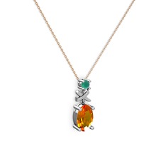 Oval Taşlı X kolye - Sitrin ve kök zümrüt 14 ayar beyaz altın kolye (40 cm rose altın rolo zincir) #18k2nd0