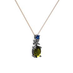 Oval Taşlı X kolye - Peridot ve lab safir 925 ayar siyah rodyum kaplama gümüş kolye (40 cm rose altın rolo zincir) #18ndmb4