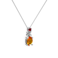 Oval Taşlı X kolye - Sitrin ve garnet 8 ayar beyaz altın kolye (40 cm beyaz altın rolo zincir) #194vglg