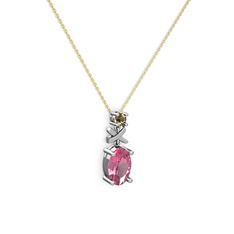 Oval Taşlı X kolye - Pembe kuvars ve dumanlı kuvars 8 ayar beyaz altın kolye (40 cm altın rolo zincir) #19dk18e