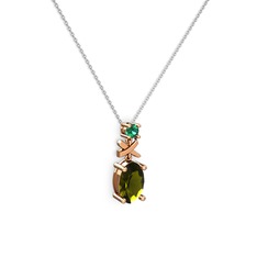 Oval Taşlı X kolye - Peridot ve yeşil kuvars 8 ayar rose altın kolye (40 cm gümüş rolo zincir) #19i62ly