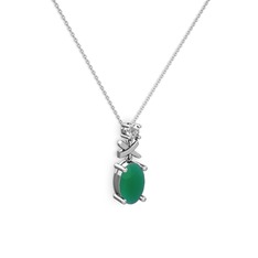 Oval Taşlı X kolye - Kök zümrüt ve beyaz zirkon 8 ayar beyaz altın kolye (40 cm beyaz altın rolo zincir) #19mraft