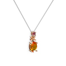 Oval Taşlı X kolye - Sitrin ve kök yakut 925 ayar rose altın kaplama gümüş kolye (40 cm gümüş rolo zincir) #19pgypt