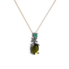 Oval Taşlı X kolye - Peridot ve kök zümrüt 925 ayar siyah rodyum kaplama gümüş kolye (40 cm rose altın rolo zincir) #19qzsrn
