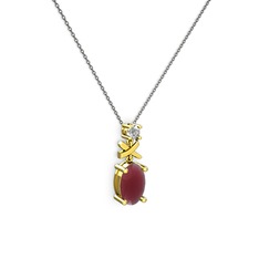 Oval Taşlı X kolye - Kök yakut ve swarovski 8 ayar altın kolye (40 cm gümüş rolo zincir) #19uv4gr