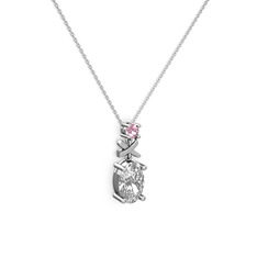 Oval Taşlı X kolye - Beyaz zirkon ve pembe kuvars 8 ayar beyaz altın kolye (40 cm beyaz altın rolo zincir) #19vem