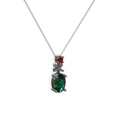 Oval Taşlı X kolye - Yeşil kuvars ve garnet 925 ayar siyah rodyum kaplama gümüş kolye (40 cm gümüş rolo zincir) #19w81fo