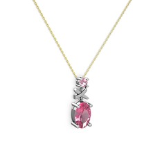 Oval Taşlı X kolye - Pembe kuvars 18 ayar beyaz altın kolye (40 cm altın rolo zincir) #1an5ug