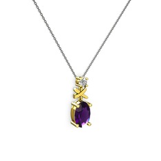 Oval Taşlı X kolye - Ametist ve pırlanta 18 ayar altın kolye (0.24 karat, 40 cm gümüş rolo zincir) #1b60ptp