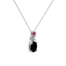 Oval Taşlı X kolye - Siyah zirkon ve rodolit garnet 18 ayar beyaz altın kolye (40 cm beyaz altın rolo zincir) #1bac0qp