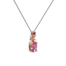 Pembe kuvars ve kök yakut 8 ayar rose altın kolye (40 cm gümüş rolo zincir)