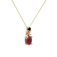 Oval Taşlı X kolye - Kök yakut ve siyah zirkon 8 ayar rose altın kolye (40 cm altın rolo zincir) #1bklp81