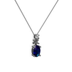Oval Taşlı X kolye - Lab safir ve swarovski 925 ayar siyah rodyum kaplama gümüş kolye (40 cm gümüş rolo zincir) #1blxxul