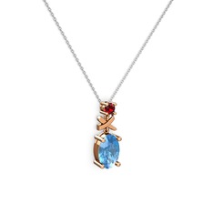 Oval Taşlı X kolye - Akuamarin ve garnet 18 ayar rose altın kolye (40 cm beyaz altın rolo zincir) #1bu040g