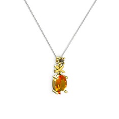 Oval Taşlı X kolye - Sitrin ve dumanlı kuvars 14 ayar altın kolye (40 cm beyaz altın rolo zincir) #1bv62k0