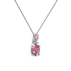 Oval Taşlı X kolye - Pembe kuvars 925 ayar gümüş kolye (40 cm gümüş rolo zincir) #1bvxqji