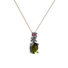 Oval Taşlı X kolye - Peridot ve kök yakut 925 ayar siyah rodyum kaplama gümüş kolye (40 cm rose altın rolo zincir) #1byud05