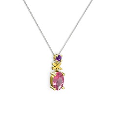 Oval Taşlı X kolye - Pembe kuvars ve ametist 14 ayar altın kolye (40 cm beyaz altın rolo zincir) #1c9ucqk