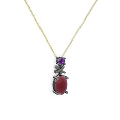 Oval Taşlı X kolye - Kök yakut ve ametist 925 ayar siyah rodyum kaplama gümüş kolye (40 cm altın rolo zincir) #1cafg2