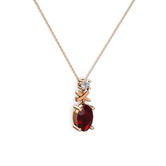 Oval Taşlı X kolye - Garnet ve beyaz zirkon 8 ayar rose altın kolye (40 cm rose altın rolo zincir) #1cl4ke4