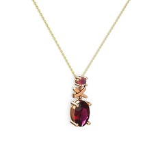 Oval Taşlı X kolye - Rodolit garnet ve kök yakut 18 ayar rose altın kolye (40 cm altın rolo zincir) #1cx1nct