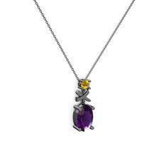 Oval Taşlı X kolye - Ametist ve sitrin 925 ayar siyah rodyum kaplama gümüş kolye (40 cm gümüş rolo zincir) #1de72d2