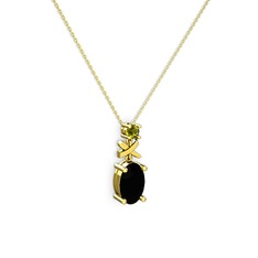 Oval Taşlı X kolye - Siyah zirkon ve peridot 18 ayar altın kolye (40 cm altın rolo zincir) #1djl5j1