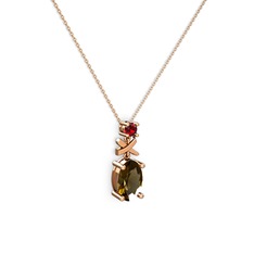 Oval Taşlı X kolye - Dumanlı kuvars ve garnet 14 ayar rose altın kolye (40 cm rose altın rolo zincir) #1dwiwq9