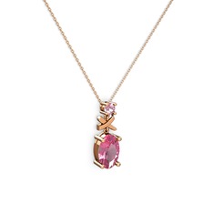 Oval Taşlı X kolye - Pembe kuvars 8 ayar rose altın kolye (40 cm gümüş rolo zincir) #1dzsvm