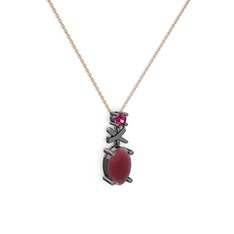 Oval Taşlı X kolye - Kök yakut ve rodolit garnet 925 ayar siyah rodyum kaplama gümüş kolye (40 cm rose altın rolo zincir) #1eac364
