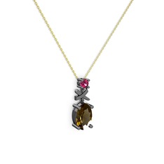 Oval Taşlı X kolye - Dumanlı kuvars ve rodolit garnet 925 ayar siyah rodyum kaplama gümüş kolye (40 cm gümüş rolo zincir) #1edmqgc