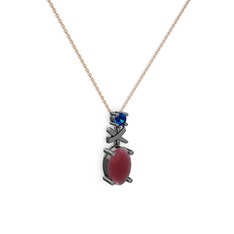 Oval Taşlı X kolye - Kök yakut ve lab safir 925 ayar siyah rodyum kaplama gümüş kolye (40 cm rose altın rolo zincir) #1elcfna