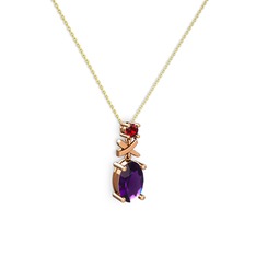 Oval Taşlı X kolye - Ametist ve garnet 925 ayar rose altın kaplama gümüş kolye (40 cm altın rolo zincir) #1eqhdz6