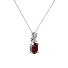 Oval Taşlı X kolye - Garnet ve pırlanta 18 ayar beyaz altın kolye (0.24 karat, 40 cm gümüş rolo zincir) #1f7agvn