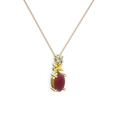 Oval Taşlı X kolye - Kök yakut ve beyaz zirkon 14 ayar altın kolye (40 cm rose altın rolo zincir) #1fdufu9