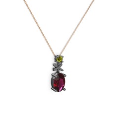 Oval Taşlı X kolye - Rodolit garnet ve peridot 925 ayar siyah rodyum kaplama gümüş kolye (40 cm rose altın rolo zincir) #1fgbl43
