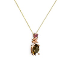 Oval Taşlı X kolye - Dumanlı kuvars ve kök yakut 8 ayar rose altın kolye (40 cm altın rolo zincir) #1gh886w