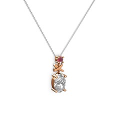 Oval Taşlı X kolye - Beyaz zirkon ve kök yakut 925 ayar rose altın kaplama gümüş kolye (40 cm gümüş rolo zincir) #1gjngp6