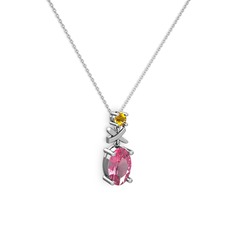Oval Taşlı X kolye - Pembe kuvars ve sitrin 8 ayar beyaz altın kolye (40 cm beyaz altın rolo zincir) #1gumy79