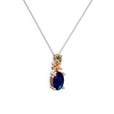 Oval Taşlı X kolye - Lab safir ve dumanlı kuvars 14 ayar rose altın kolye (40 cm gümüş rolo zincir) #1gustby