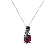 Oval Taşlı X kolye - Rodolit garnet ve siyah zirkon 925 ayar siyah rodyum kaplama gümüş kolye (40 cm beyaz altın rolo zincir) #1h28pi5