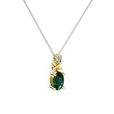 Oval Taşlı X kolye - Yeşil kuvars ve pırlanta 925 ayar altın kaplama gümüş kolye (0.24 karat, 40 cm beyaz altın rolo zincir) #1hbzh10