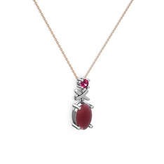 Oval Taşlı X kolye - Kök yakut ve rodolit garnet 925 ayar gümüş kolye (40 cm rose altın rolo zincir) #1hj0v7g