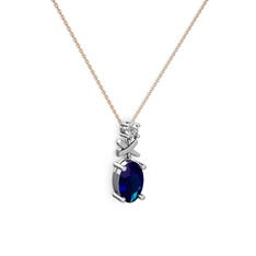 Oval Taşlı X kolye - Lab safir ve pırlanta 18 ayar beyaz altın kolye (0.24 karat, 40 cm rose altın rolo zincir) #1hwptsr