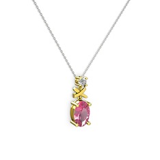 Oval Taşlı X kolye - Pembe kuvars ve pırlanta 18 ayar altın kolye (0.24 karat, 40 cm beyaz altın rolo zincir) #1i1781e