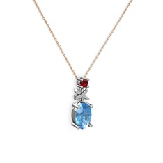 Akuamarin ve garnet 14 ayar beyaz altın kolye (40 cm rose altın rolo zincir)