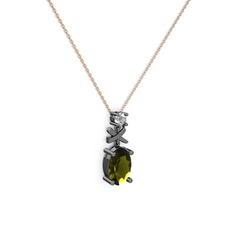 Oval Taşlı X kolye - Peridot ve swarovski 925 ayar siyah rodyum kaplama gümüş kolye (40 cm rose altın rolo zincir) #1iq3iw0