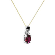 Oval Taşlı X kolye - Rodolit garnet ve siyah zirkon 18 ayar beyaz altın kolye (40 cm altın rolo zincir) #1iszckt